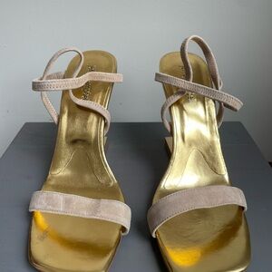 JEFFREY CAMPBELL Women Geometric Heel Metallic Gold Sandals - NEW NWOB